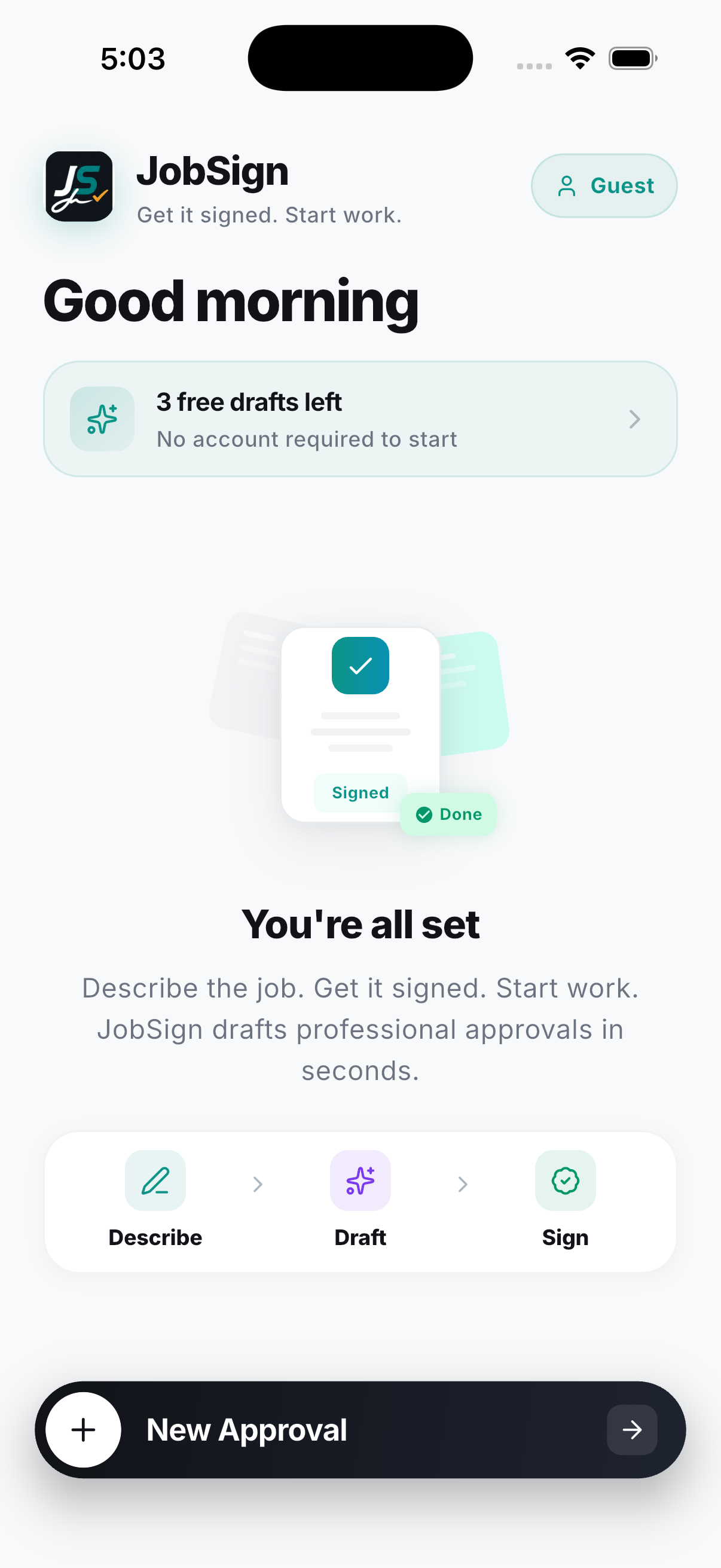 JobSign app — home screen showing job approval workflow